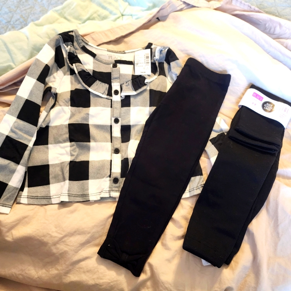 Nwt 2T white Buffalo plaid top black bow leggings & black fleece lined leggings